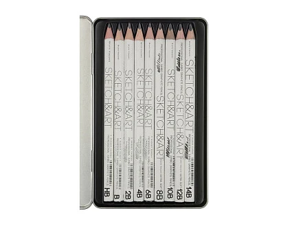 Набор чернографитовых карандашей  Sketch & Art  утолщенные,9 шт. hb-14b,  металлическая коробка с ложементом